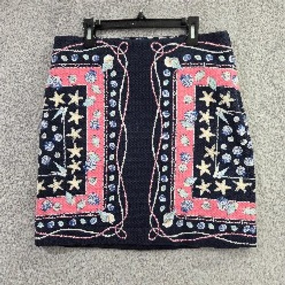 Talbots Skirt Womens 4 Navy Blue Pink Coastal Starfish Shell Textured Mini Lined